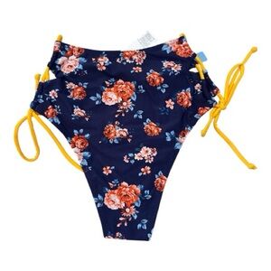 Cupshe Navy Floral Highwaist Bikini Bottom with Yellow Accents